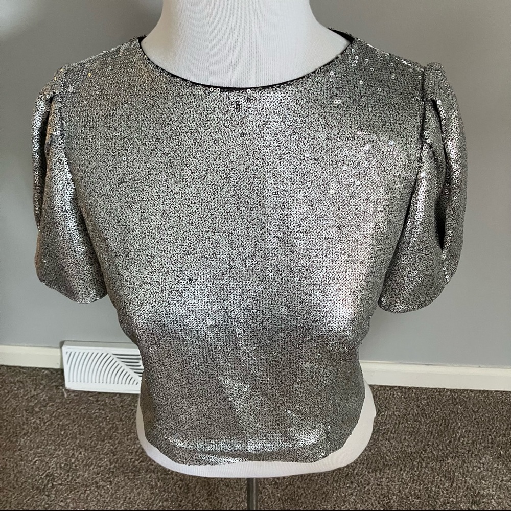 ANTONIO MELANI Silver Sequins Blouse Puffed Sleeve Size 6 Women’s